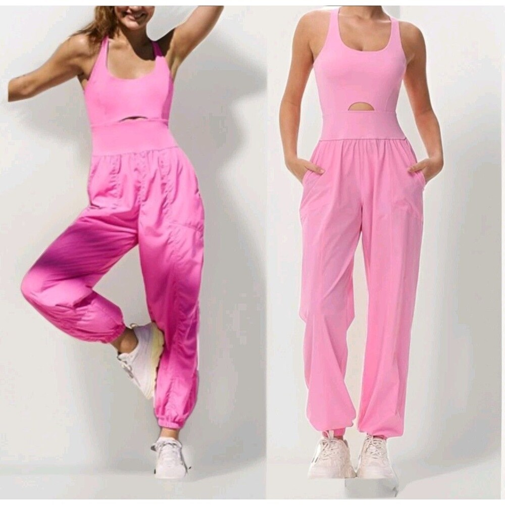 Wenlia Cutout Exercise Jumpsuit Backless Tank Tops High Waist Baggy Pant Pink SM